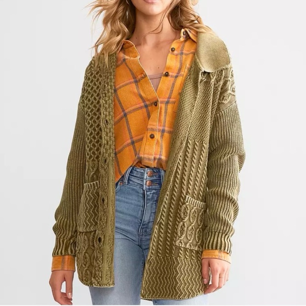 BKE Washed Cable Knit Cardigan Sweater